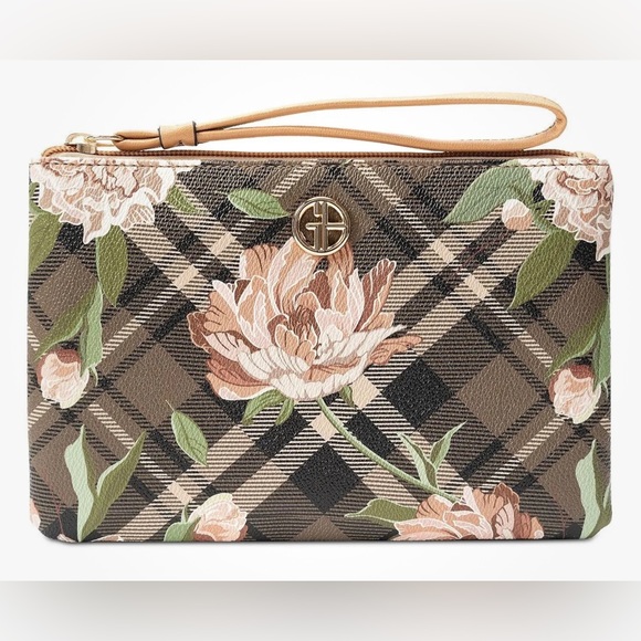 Giani Bernini Holiday Plaid Floral Wristlet Green Plaid Pouch - Picture 1 of 8